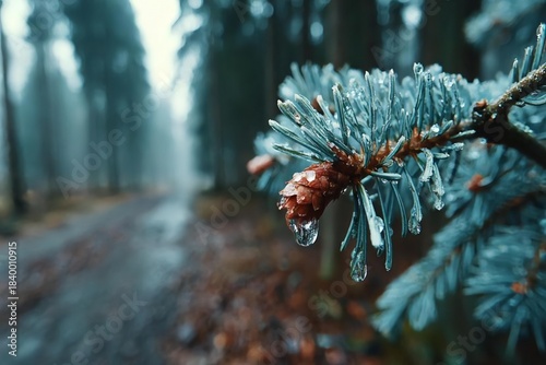 Close-Up of Pine Cone with Water Droplets in a Misty Forest
