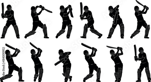 Cricket batting silhouettes in dynamic poses with gear – sports action vector by flavector