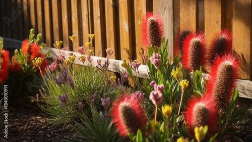Close-up, slow horizontal slide across a vibrant garden bed featuring native Australian flowers like bottlebrush and kangaroo paws, set against a wooden fence.