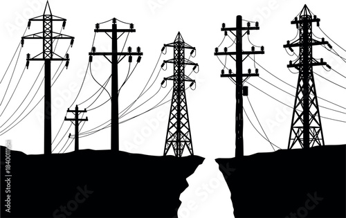 Electrical transmission towers and utility poles crossing broken terrain, power infrastructure silhouette, energy disruption concept - flavector