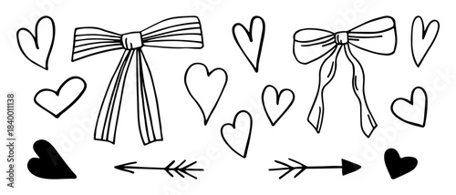Hand-drawn bows, hearts, and arrows. Doodle-style decorative elements for Valentine's Day, wedding cards, or romantic design concepts.
