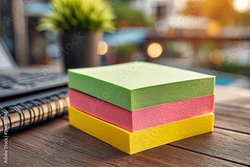 Colorful Sticky Notes Stack on Wooden Table with Blurred Background