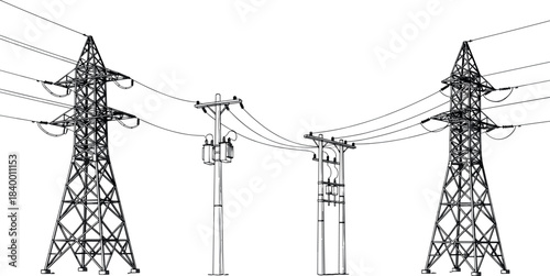 Electrical transmission towers and utility poles with transformer and power lines for energy distribution - flavector