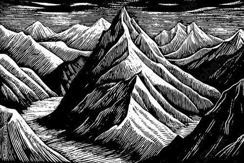 Hand drawn landscape of a mountain range with simple contour details. Swiss Alps silhouette with sketch shading wallpaper
