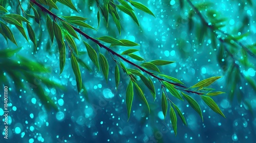 Vibrant green foliage drapes across a mystical background illuminated by glowing turquoise orbs