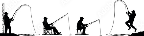 Fishing silhouettes in varied poses with humorous twist – flavector black and white vector illustration