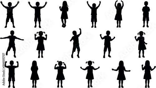 flavector expressive children silhouette set – 18 playful poses with raised arms, jumps, and dances