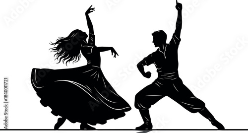 flavector expressive dance silhouette – elegant couple in dynamic flamenco-inspired poses with flowing dress