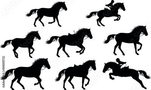 flavector horse riding silhouette set – galloping and jumping horses with active riders in motion