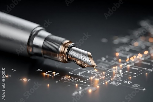 Elegant Fountain Pen on Digital Blueprint Background with Sparks