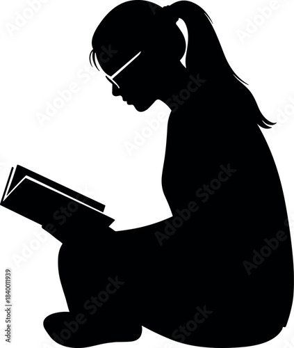 flavector reading silhouette – person with ponytail and glasses sitting cross-legged with open book