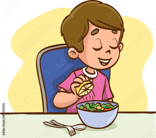 Vector illustration of a child squeezing lemon into their salad.