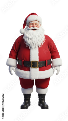Cheerful Santa Claus in classic red suit ready to deliver gifts on Christmas Eve with a twinkle in his eye and a warm smile