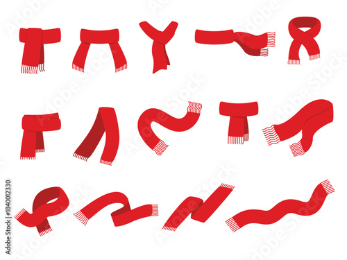 Collection of a red winter scarfs. Flat vector illustration isolated on a white background