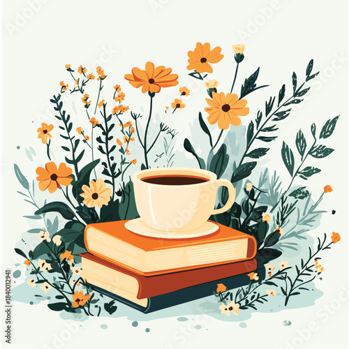A calming moment with a cup of coffee and books, surrounded by fresh flowers and herbs in this cozy and inviting scene , vector style simple color
