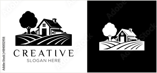 Farmhouse and Tree on Rolling Hills Logo Design.