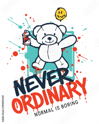 Energetic vector illustration of a graffiti teddy bear with spray paint, symbolizing creativity and urban rebellion, ideal for street wear and edgy design.