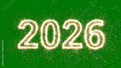 Happy New Year 2026 fireworks celebration on green screen background.