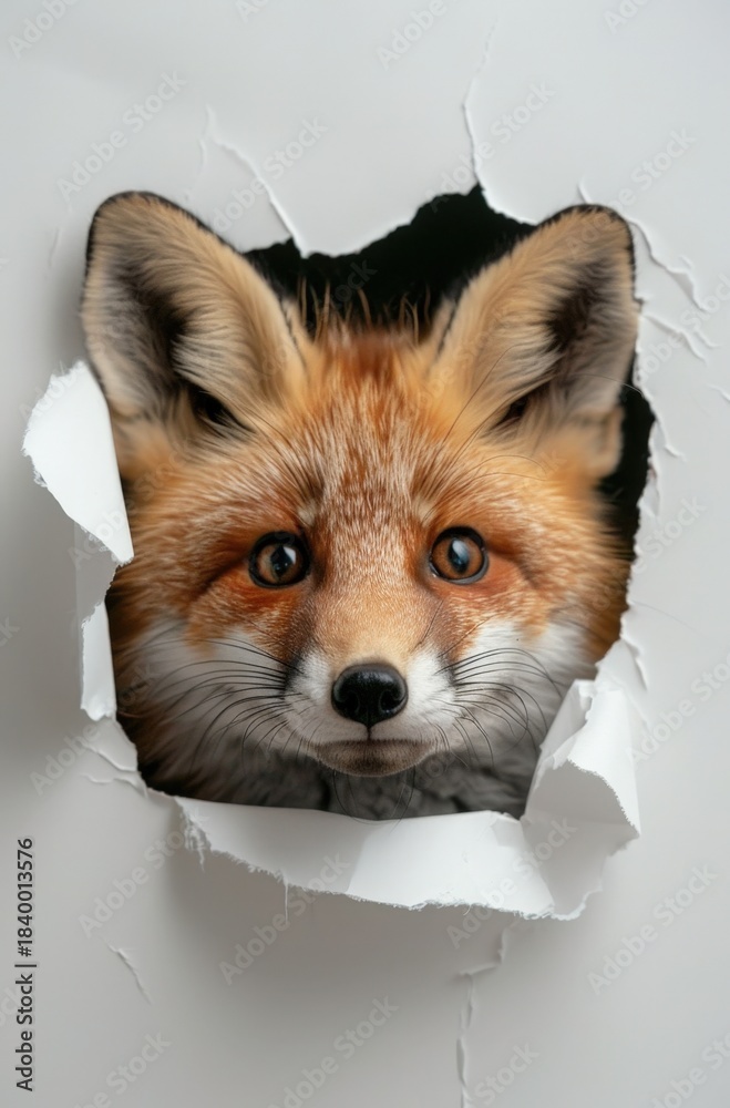 Obraz premium A curious fox cautiously emerges from a hole in a sheet of white paper, creating a whimsical and intriguing scene.