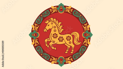 Chinese Zodiac Horse Symbol in Traditional Asian Frame Ornament