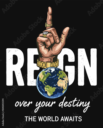 Intriguing vector illustration portraying the reign over destiny, symbolizing control and future prospects with a hand above the world
