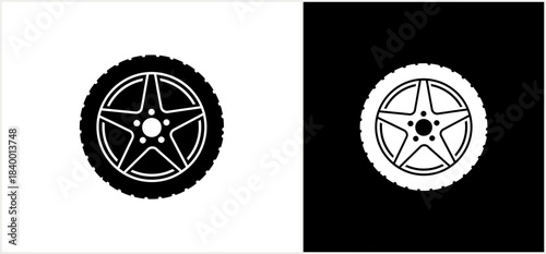 Car wheel and tire vector illustration in black and white.