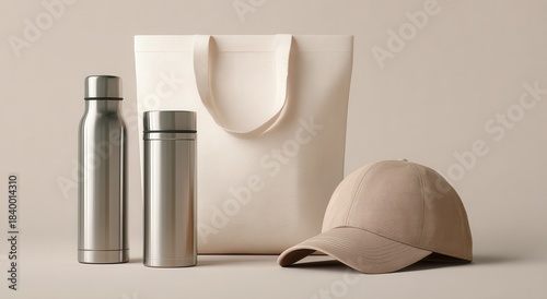 Vibrant photo of Set of promotional items with two metal water bottles, a canvas tote bag, and a baseball cap on a beige background