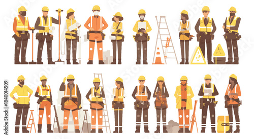 Team of Builders and Engineers: Illustrating a comprehensive collection of builders and engineers, standing proudly together in a cohesive and diverse group.