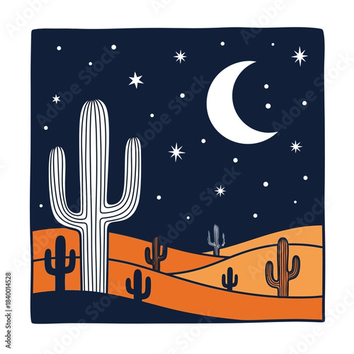Desert landscape with saguaro cacti under a starry night sky and crescent moon.
