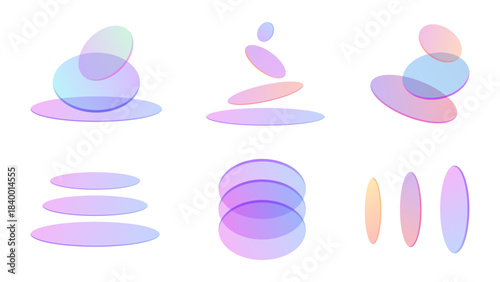 Abstract set of clear balance cairn glass stones or zen pebble icons. transparent stacked shapes design element. light 3d gradient holographic circles and ovals.