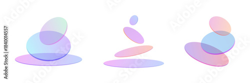 Abstract three sets of clear balance cairn glass stones or zen pebble icons. transparent stacked shapes design element. light 3d gradient holographic circles and ovals.