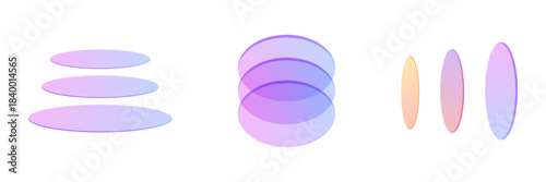 Abstract set of stacked flat oval glass shapes and round shapes and vertical ovals. transparent 3d gradient holographic design elements.