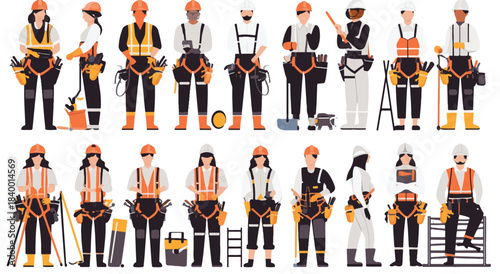 Construction Crew at Work: A diverse collection of construction workers, each clad in safety gear and carrying various tools, stand poised against a backdrop.