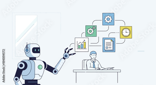 Robot assisting businessman with data analysis and workflow automation.