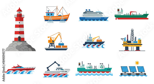 Collection of Maritime Vessels and Structures - Lighthouse, Ships, and Solar Panels.