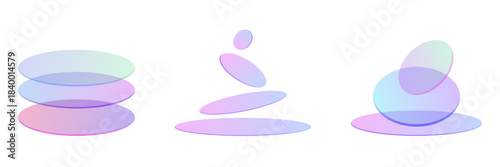 Abstract set of three clear balance cairn glass stones or zen pebble icons. transparent stacked shapes design element. light 3d gradient holographic circles and ovals.