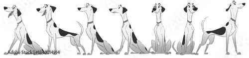 Graceful Canine Sequence: A sequence of a stylized cartoon dog in various poses and gestures. Witness the fluidity and charm of the artistic representation.