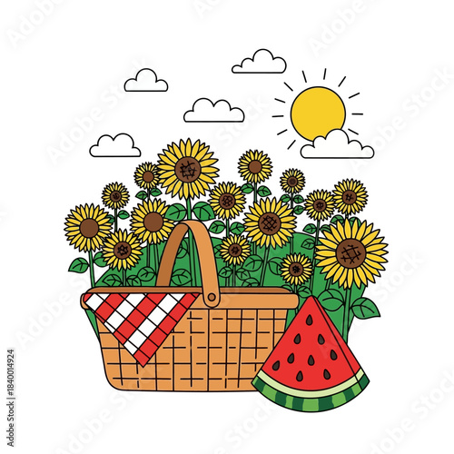 Wicker picnic basket with watermelon in a sunflower field.