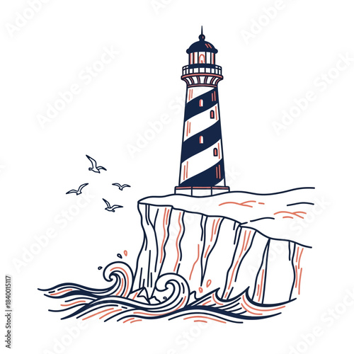 Coastal lighthouse stands tall on cliffside with waves and birds flying.