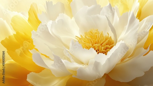 Close up of the petals and center of a large oversized white peony flower on a bright yellow background