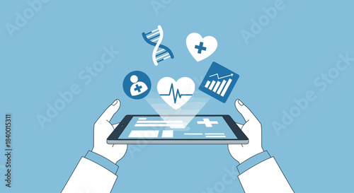 Hands holding tablet displaying medical icons, representing healthcare technology.