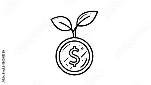 Hand-drawn dollar coin with a sprouting plant, symbolizing financial growth and investment.