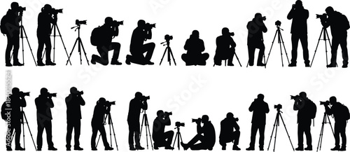 Large vector silhouette collection of professional photographers working with cameras, lenses, and tripods in diverse poses like standing, kneeling, and sitting, for media and hobby.