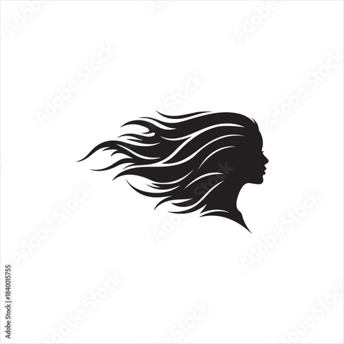 Bold black female side face blended with flame wave curved shapes On white Background Vector illustration