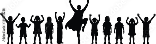 Silhouette of a group of diverse children cheering with hands raised, led by a boy in a superhero cape, illustrating teamwork, success, achievement, and childhood power fantasy.