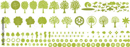 Array of tree silhouettes : A collection of tree silhouettes showcasing variations of shapes, sizes, and styles, ideal for adding an organic and natural touch to design projects.