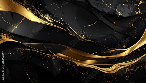 高級感ある金色の金箔と黒背景の抽象的な大理石風背景素材