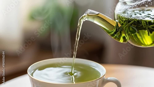Pouring Steaming Hot Green Tea into a Cup from a Glass Teapot.