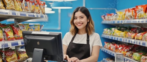 Smiling Cashier at the Shop: A young cashier stands proudly behind the counter, her genuine smile warmly welcomes customers amidst a display of products. 