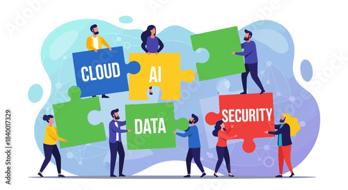 Teamwork assembling puzzle pieces representing cloud AI data and security concepts.